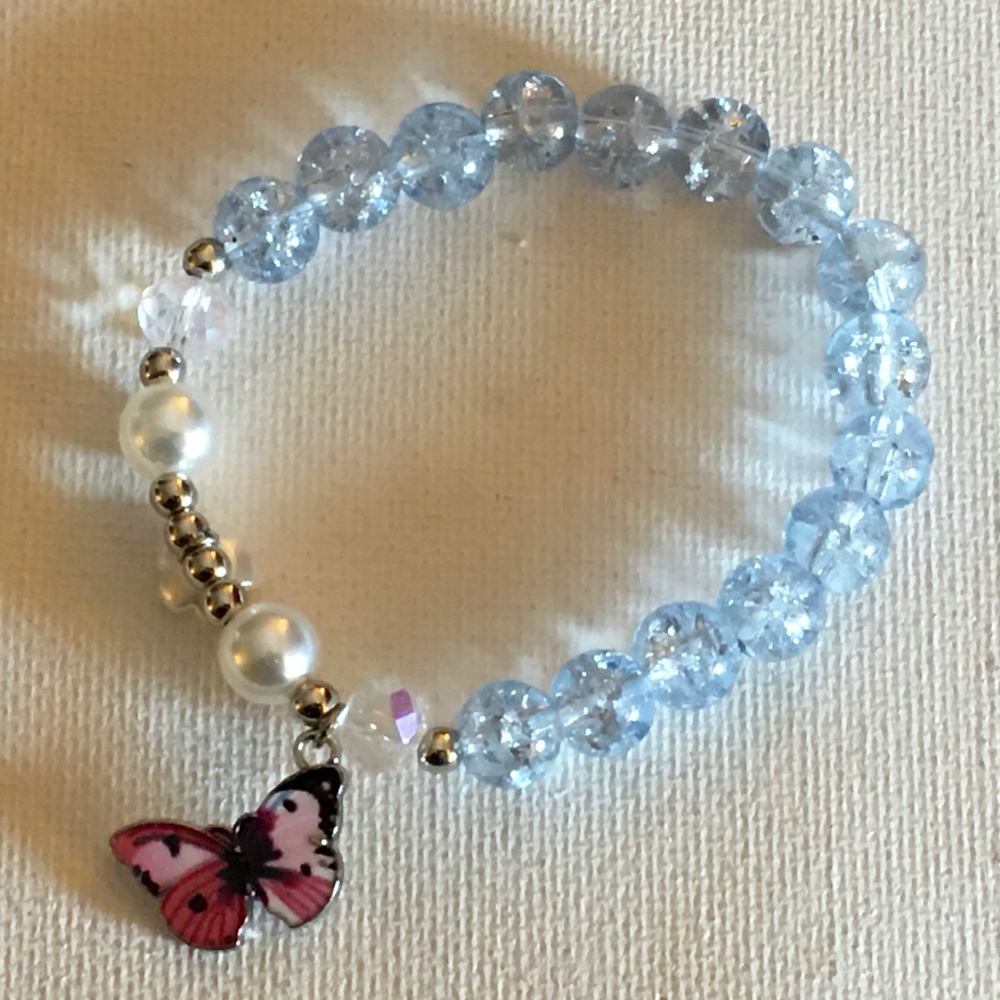 Stretch Bracelet with Pink Butterfly Charm, Small, Dainty, Blue Beads, Pearls